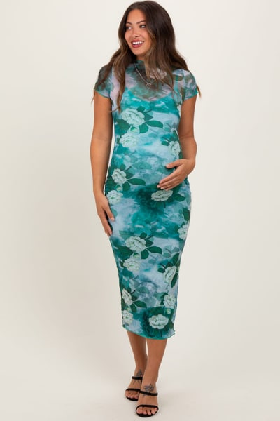 PinkBlush Green Floral Mesh Overlay Fitted Maternity Maxi Dress