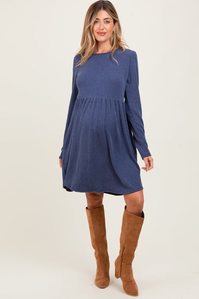 PinkBlush Navy Textured Rib Long Sleeve Maternity Dress