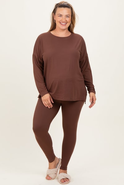 PinkBlush Brown Brushed Knit Oversized Top and Legging Maternity Plus Set
