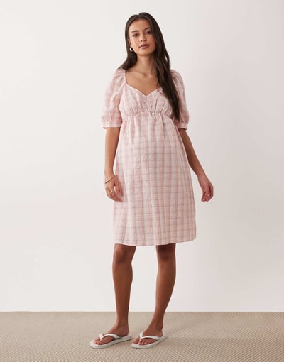 ASOS Mamalicious Maternity seersucker puff sleeve ruched front dress in pink plaid print