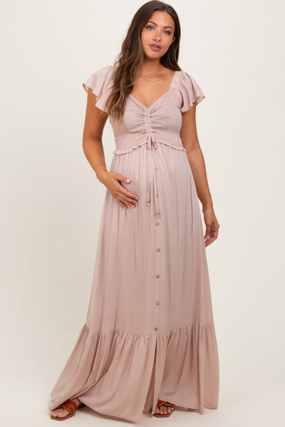 PinkBlush Taupe Smocked Top Woven Maternity Maxi Dress