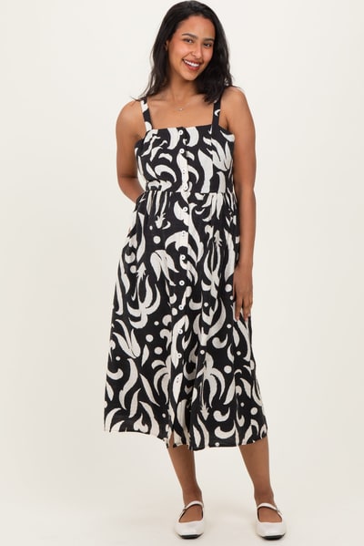 PinkBlush Black Printed Button Down Sleeveless Maternity Midi Dress