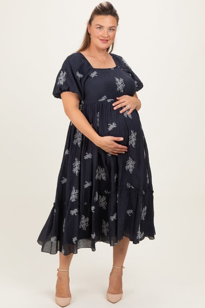 PinkBlush Navy Floral Print Ruffle Hem Maternity Plus Midi Dress