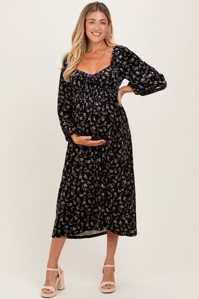 PinkBlush Black Floral Velvet Smocked Maternity Midi Dress