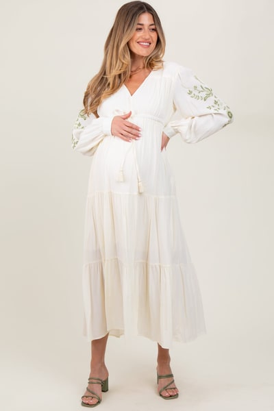 PinkBlush Cream Embroidered Long Sleeve Maternity Maxi Dress