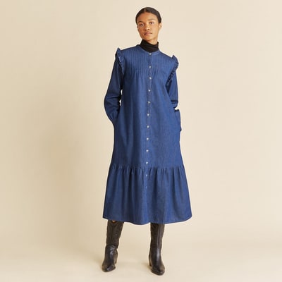 For The Creators Denim Ruffle Shoulder Dress