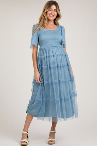 PinkBlush Blue Ruffled Mesh Maternity Maxi Dress