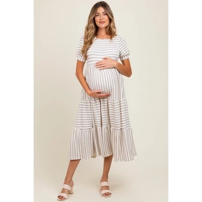Target Pinkblush Cream/Taupe Striped Short Sleeve Tiered Maternity Maxi Dress Large
