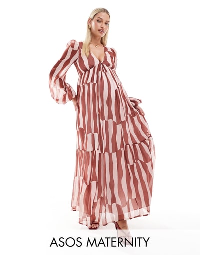 ASOS long sleeve V neck tiered maxi dress in rust abstract print