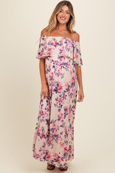 PinkBlush Ivory Floral Off Shoulder Maternity Maxi Dress