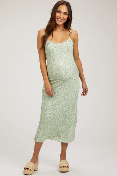 PinkBlush Lime Floral Sleeveless Maternity Midi Dress