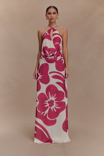 MESHKI Katalina Chiffon Maxi Skirt - Red Deco Fleur Print