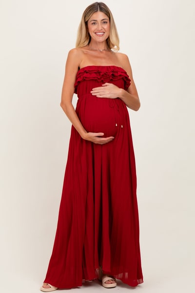 PinkBlush Red Ruffled Chest Pleated Maternity Maxi Dress With Self Tie