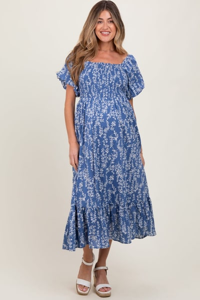 PinkBlush Blue Leaf Print Smocked Maternity Midi Dress