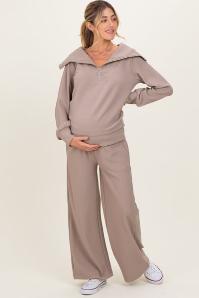 PinkBlush Mocha Ribbed Half Zip Pullover Wide Leg Pant Maternity Set