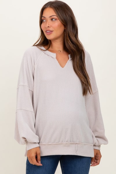 PinkBlush Beige Solid Rib Long Sleeve V-Neck Oversized Maternity Tunic Top
