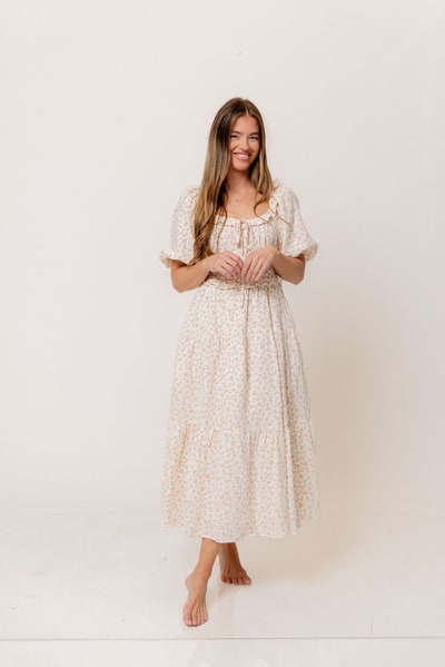 Worth Collective Landon 100% Cotton Ruched Puff Sleeve Ruffle Tiered Floral Midi Dress in Pink - Bump Friendly