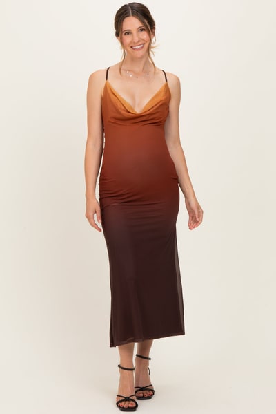 PinkBlush Ombre Brown Mesh Draped Neck Maternity Maxi Dress