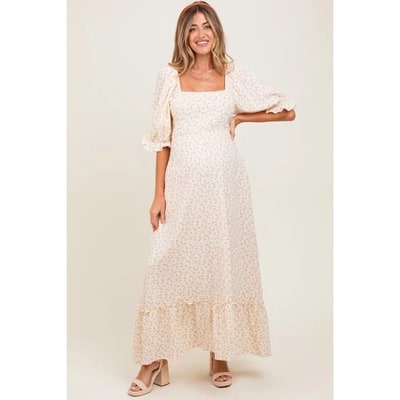 Target Pinkblush Beige Floral Print Square Neckline Maternity Maxi Dress Large