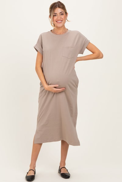 PinkBlush Beige Pocket Front Maternity Midi T-Shirt Dress