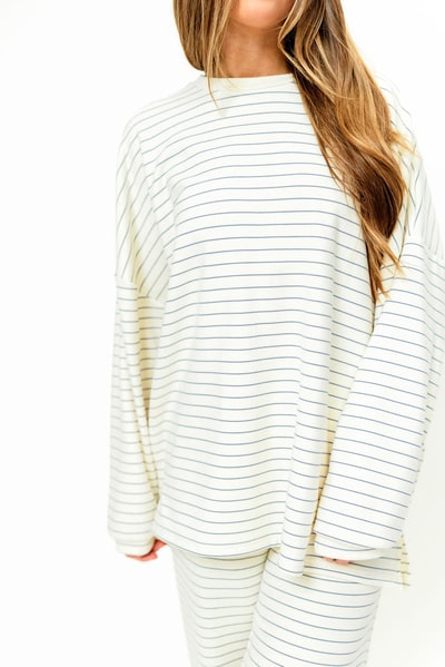 Worth Collective Naomi Striped Oversized Fleece Long Sleeve Top in Ivory - Bump Friendly