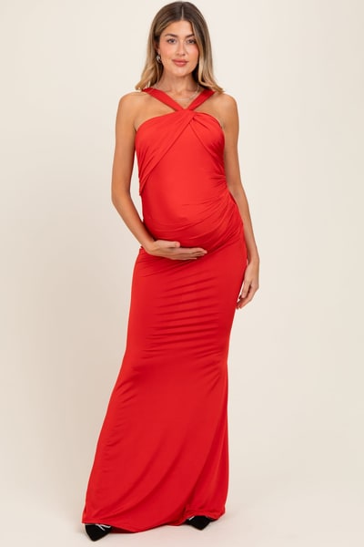 PinkBlush Red Twist Front Ruched Maternity Maxi Dress