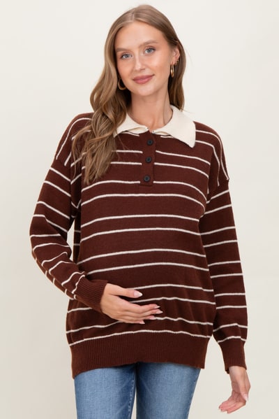 PinkBlush Brown Striped Knit Relaxed Fit Polo Maternity Sweater