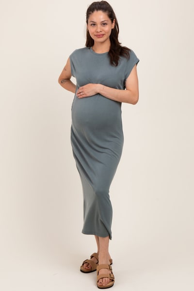 PinkBlush Light Olive Solid Short Sleeve Maternity Midi Dress