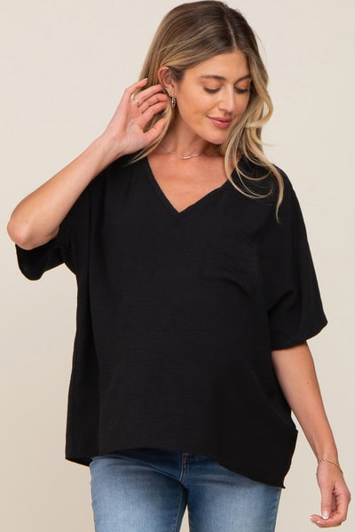 PinkBlush Black Oversized V-Neck Pocket Front Maternity Blouse