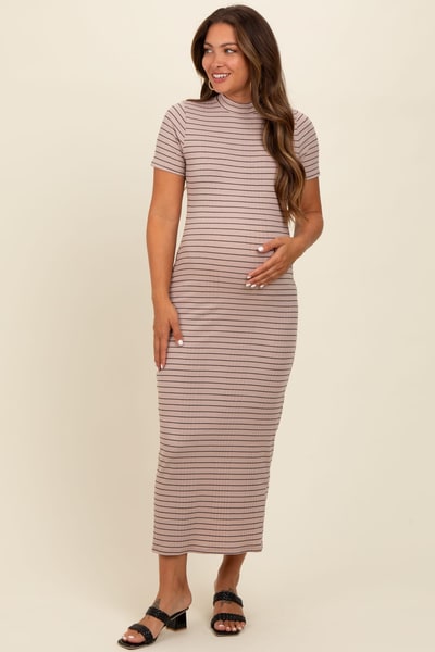 PinkBlush Beige Striped Mock Neck Fitted Maternity Midi Dress