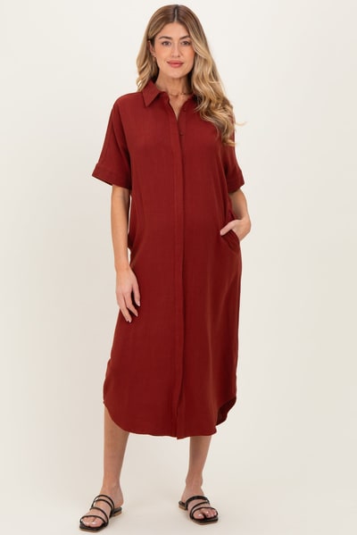 PinkBlush Brick Button Down Maternity Midi Shirt Dress