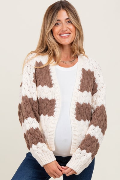 PinkBlush Brown Colorblock Chunky Knit Open Maternity Cardigan