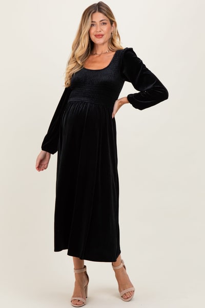 PinkBlush Black Velvet Smocked Long Sleeve Maternity Midi Dress