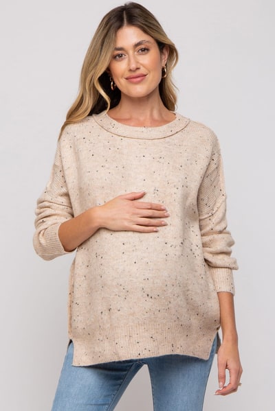 PinkBlush Beige Speckled Knit Maternity Sweater