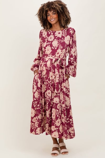 PinkBlush Burgundy Floral Striped Long Sleeve Maternity Midi Dress