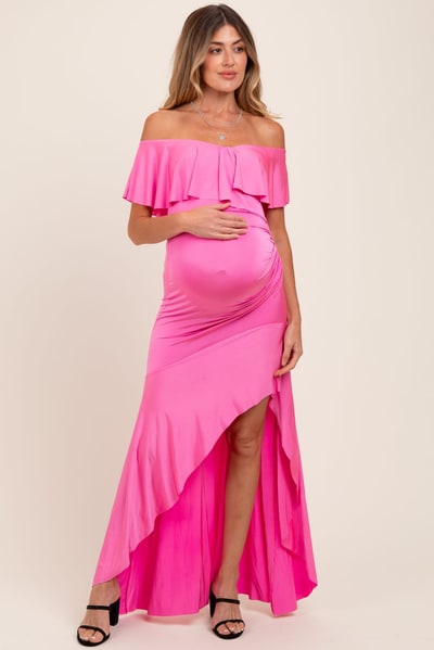 PinkBlush Fuchsia Off Shoulder Ruffle Hi-Low Maternity Maxi Dress
