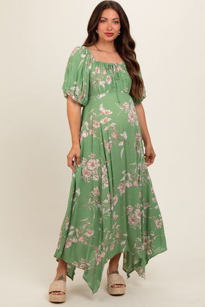 PinkBlush Light Olive Floral Puff Sleeve Maternity Maxi Dress
