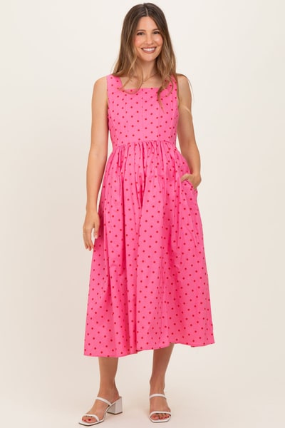 PinkBlush Pink Polka Dot Sleeveless Maternity Midi Dress