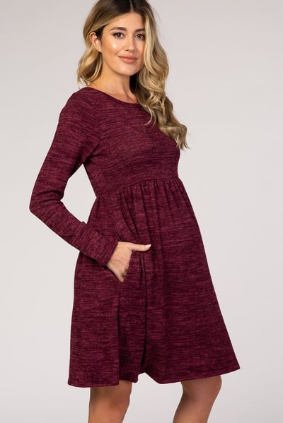 PinkBlush Burgundy Heathered Long Sleeve Knit Maternity Dress