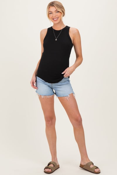 PinkBlush Blue Distressed Frayed Hem Maternity Denim Shorts