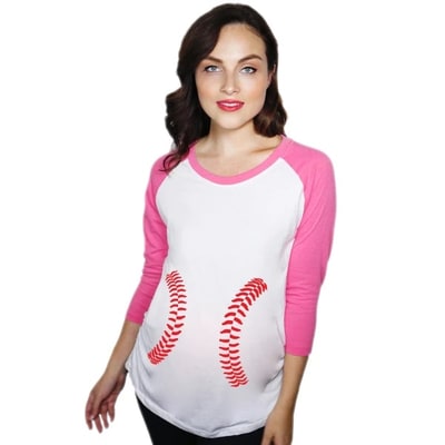 Target Maternity Raglan Baseball Laces Cute Funny Pregnancy 3/4 Length Sleeve Tee - Crazy Dog Maternity Raglan for Baseball Fan Pink XL
