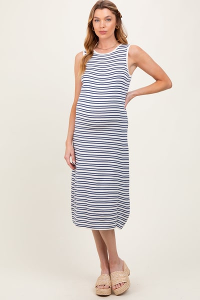 PinkBlush Navy Striped Knit Sleeveless Maternity Midi Dress