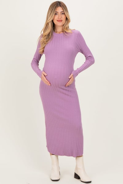 PinkBlush Purple Ribbed Knit Fitted Maternity Midi Sweater Dress