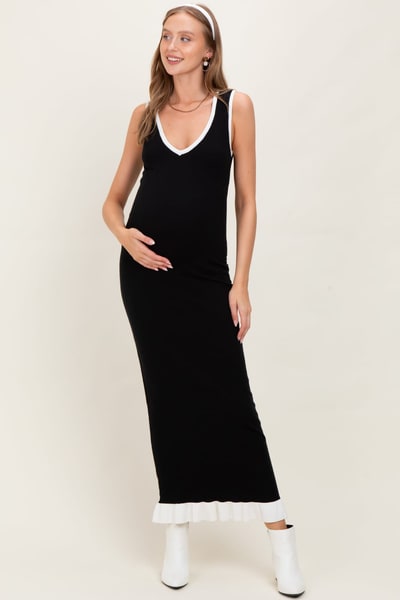 PinkBlush Black Knit V-Neck Contrast Ruffle Hem Maternity Maxi Dress
