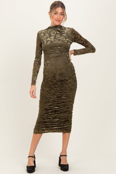 PinkBlush Olive Floral Velvet Mesh Ruched Maternity Midi Dress