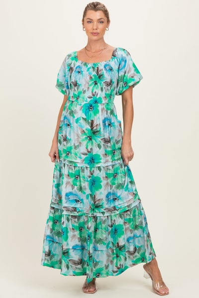 PinkBlush Emerald Green Floral Smocked Tiered Maternity Maxi Dress