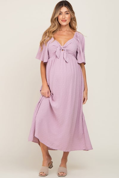 PinkBlush Pink Textured Dot Front Tie Ruffle Sleeve Maternity Midi Dress