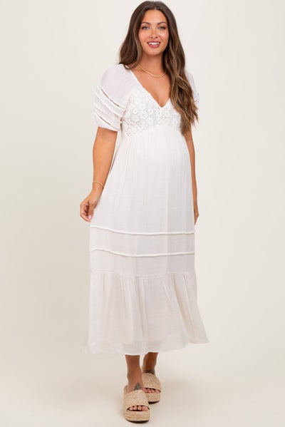 PinkBlush Cream Crochet Detail Bodice Maternity Midi Dress