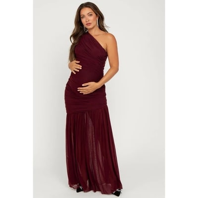 Target Pinkblush Dark Burgundy Ruched Mesh One Shoulder Maternity Maxi Dress Large