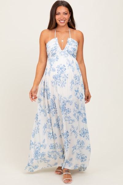 PinkBlush Light Blue Floral Tie-Back Halter Maternity Maxi Dress